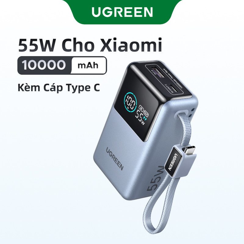 Pin Dự Phòng UGREEN Sạc PB72710000mAh 55W 3 Cổng Cáp Tích Hợp, đèn LED màn hình