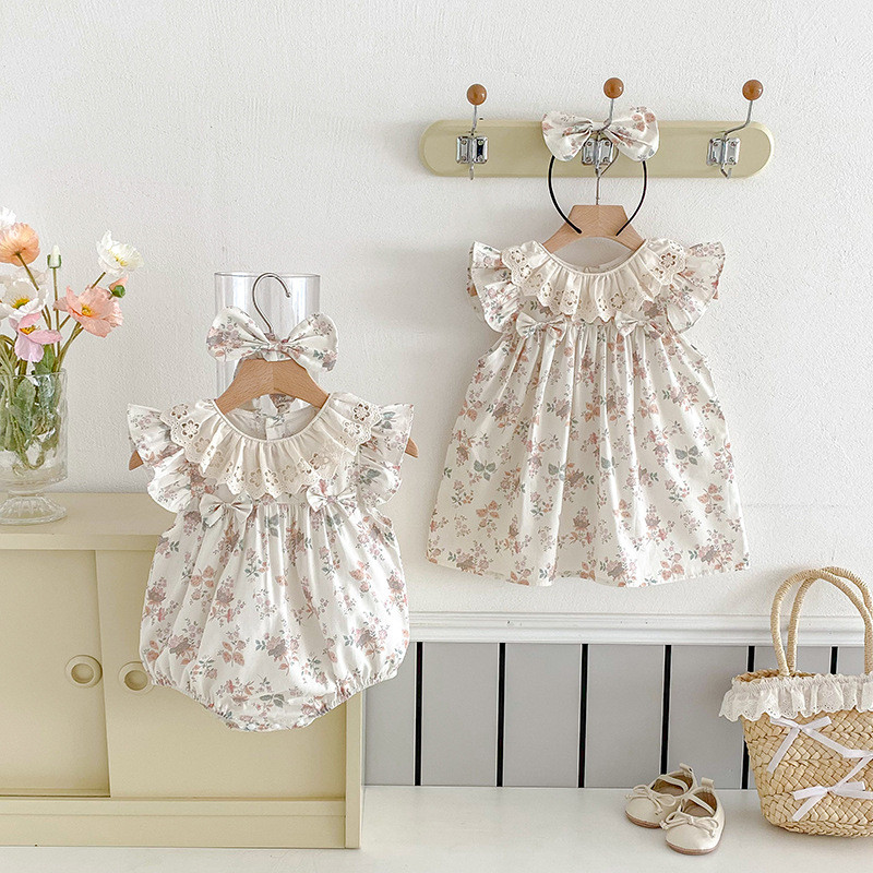 Summer Baby Cotton Clothes Baby Girl Short Sleeve Triangle Rompers Girl Small Floral Dress Sisters O