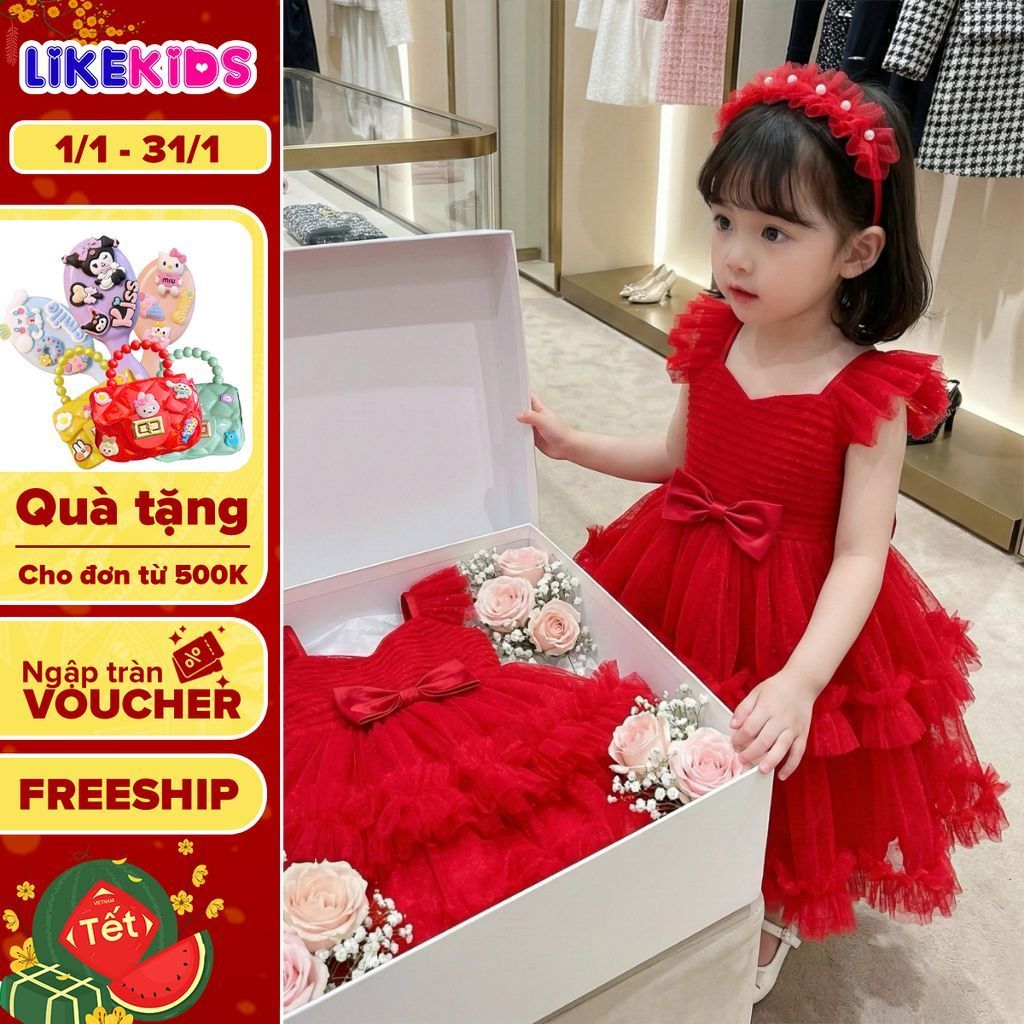 Đầm công chúa kiểu dáng XÙ XẾP NGỰC MH28 D69 [KÈM NƠ CÀI ĐẦU]