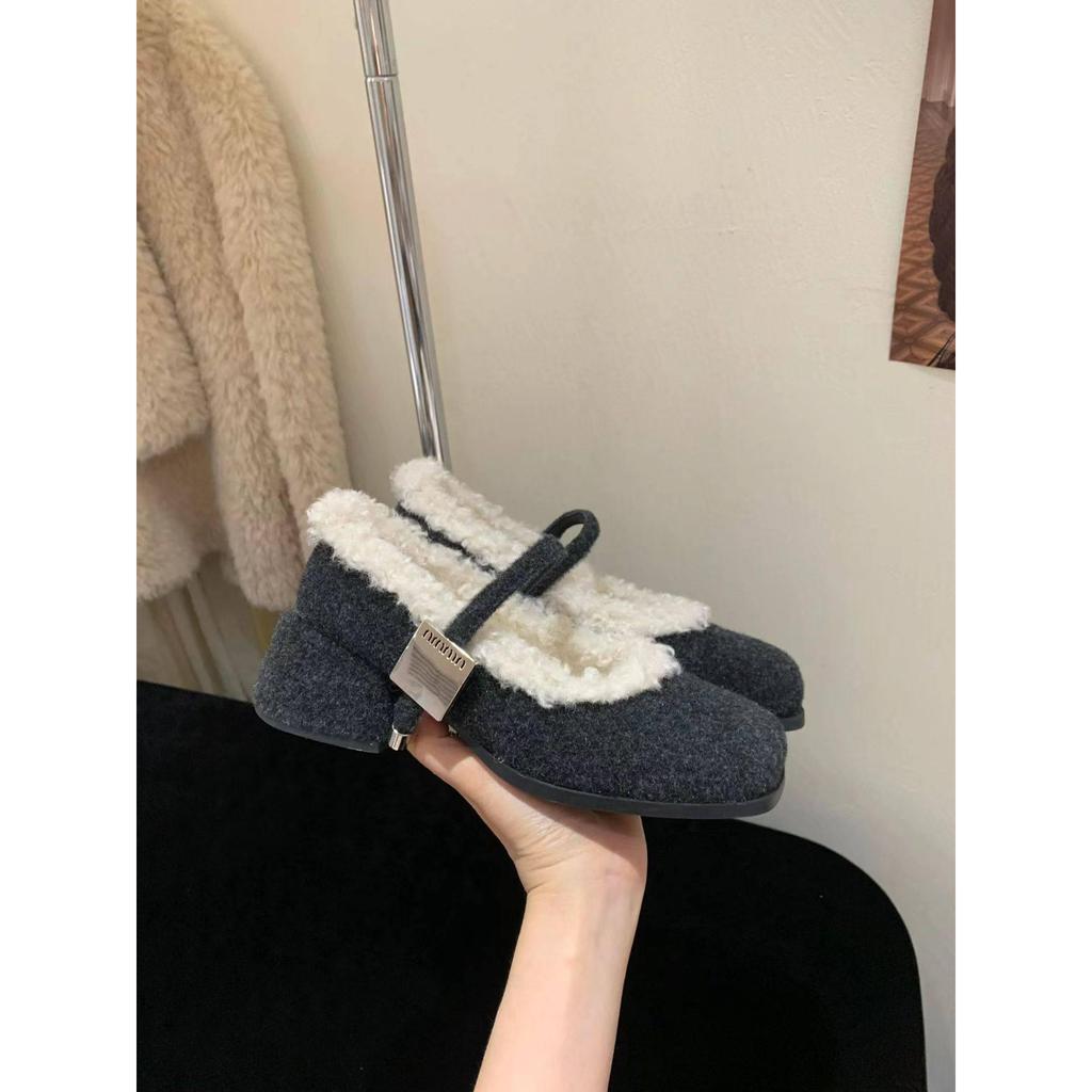 AII GUIFEI Phong Cách Hàn Quốc Giày Ngón Chân Vuông Nữ 2025 Phong Cách Mới Thu Đông Dày Gót Giày Lôn