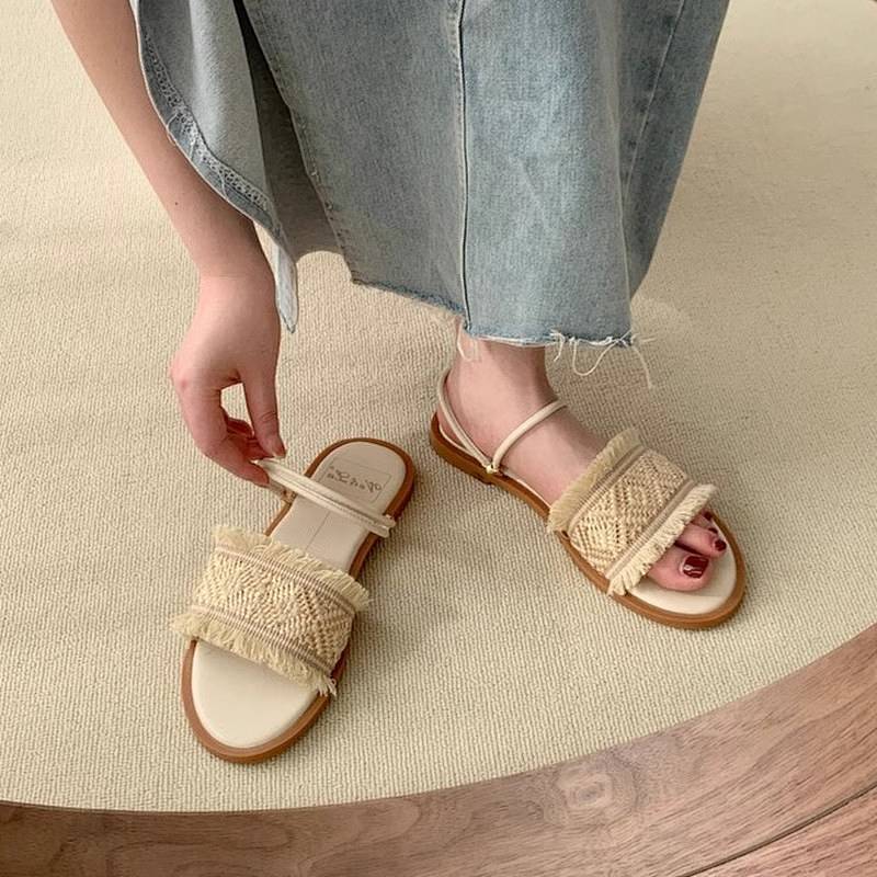 Retro Roman Woven Ankle-Strap Sandals Summer Flat Beach Roman Shoes rxHY