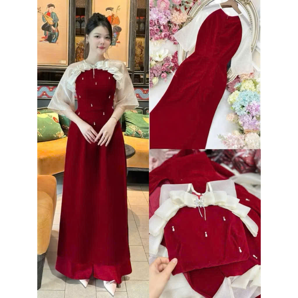 (HÀNG BIGSIZE NỮ 40KG ĐẾN 90KG) NT2225 Sét Bộ Áo Dài Chất Nhung Đính Hạt Thủ Công Cho Nàng Ngày Tết 