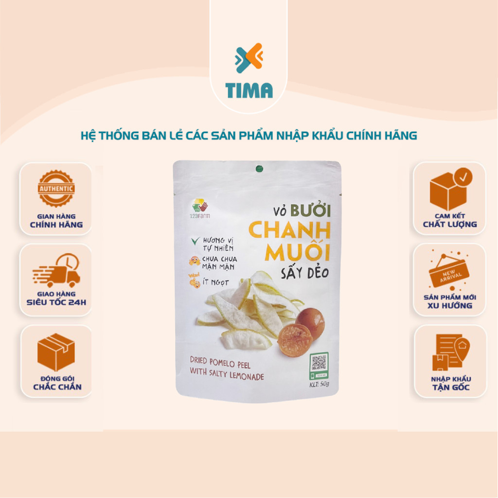 [COMBO 3 GÓI] Vỏ Bưởi Chanh Muối Sấy Dẻo 123Farm - GÓI 50g