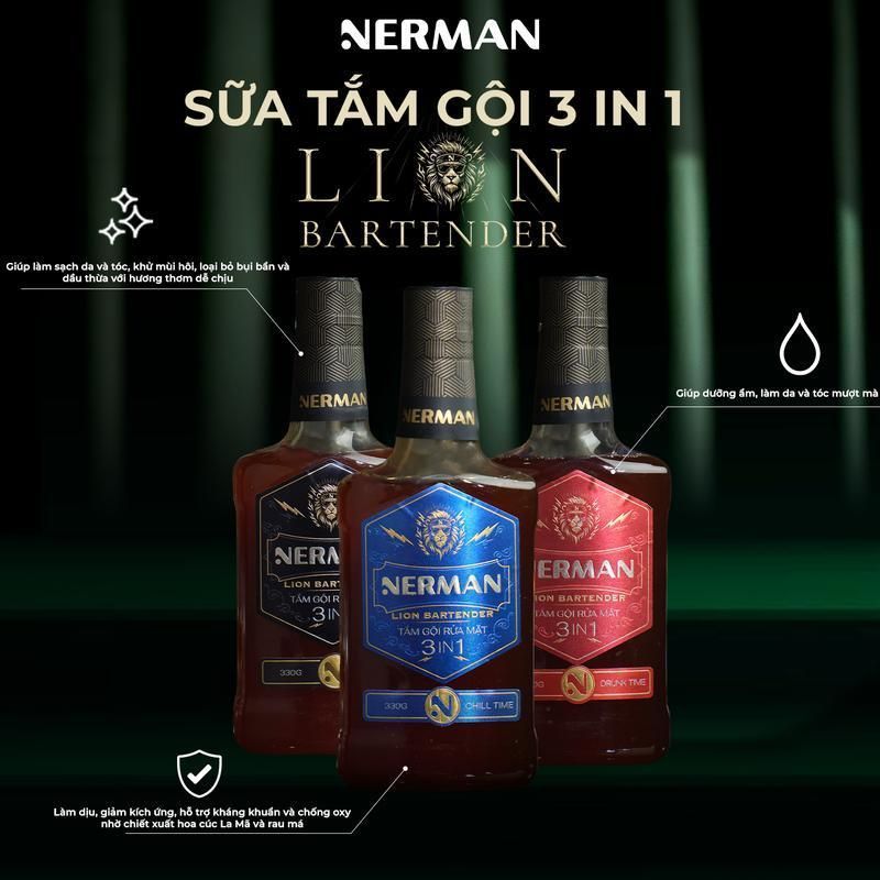 [KOL x NERMAN] Sữa tắm gội rửa mặt 3in1 làm sạch da, tóc, giúp dưỡng ẩm Nerman Lion Bartender 330g