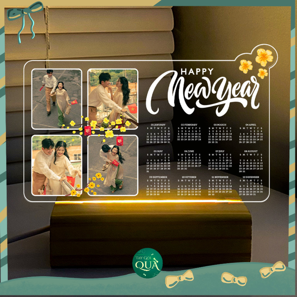 Khung Ảnh Mica Đế Đèn LED In Ảnh Theo Yêu Cầu – Lịch Tết Hoa Mai, LED USB, Mica 3mm (Nhận Hỏa Tốc)
