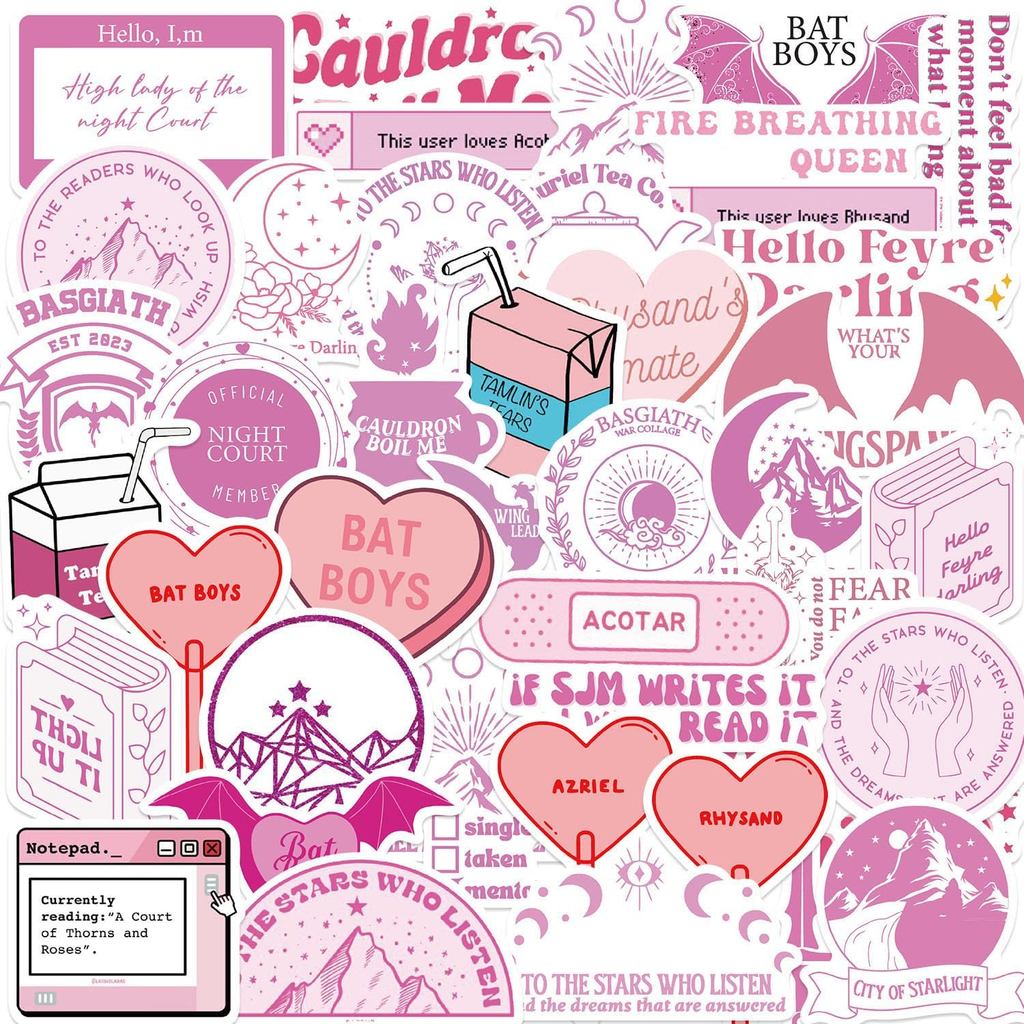 50 Nhãn dán sách Acotar màu hồng - Kindle, Chai nước, Booktok & Fantasy Book Sticker