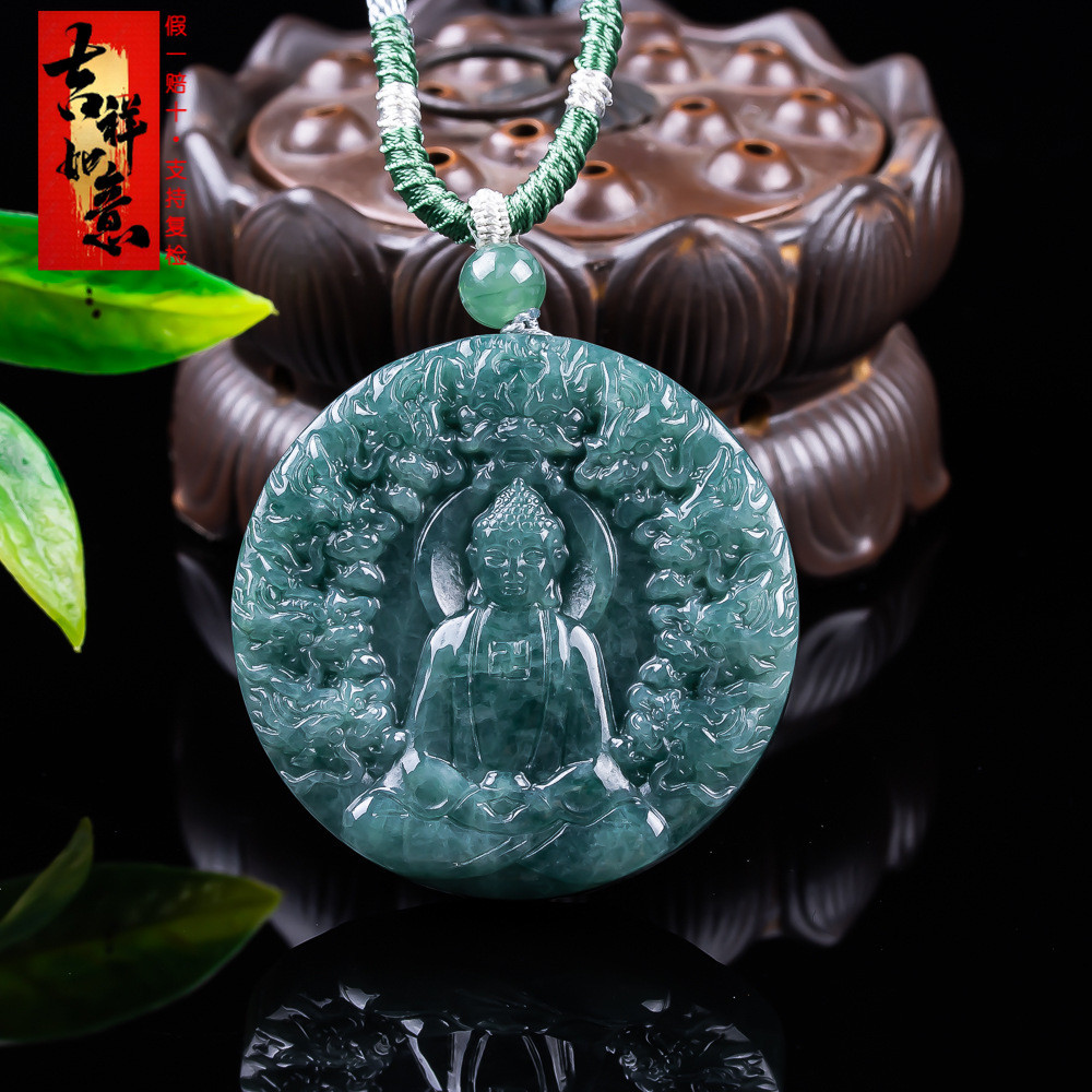 Mặt Dây Chuyền Ngọc Jadeite Màu Xanh Nước Biển, Full Color, Cửu Long Quan Yin - 51*10.7mm - Có Chứng