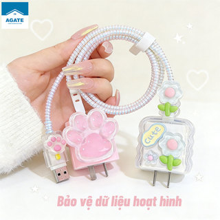 Bộ Phụ Kiện Bảo Vệ củ sạc và cáp sạc iPhone 20W,Vỏ bảo vệ bộ sạc dễ thương 5 in 1,chống rơi, chống mài mòn, dây dài 1.4m