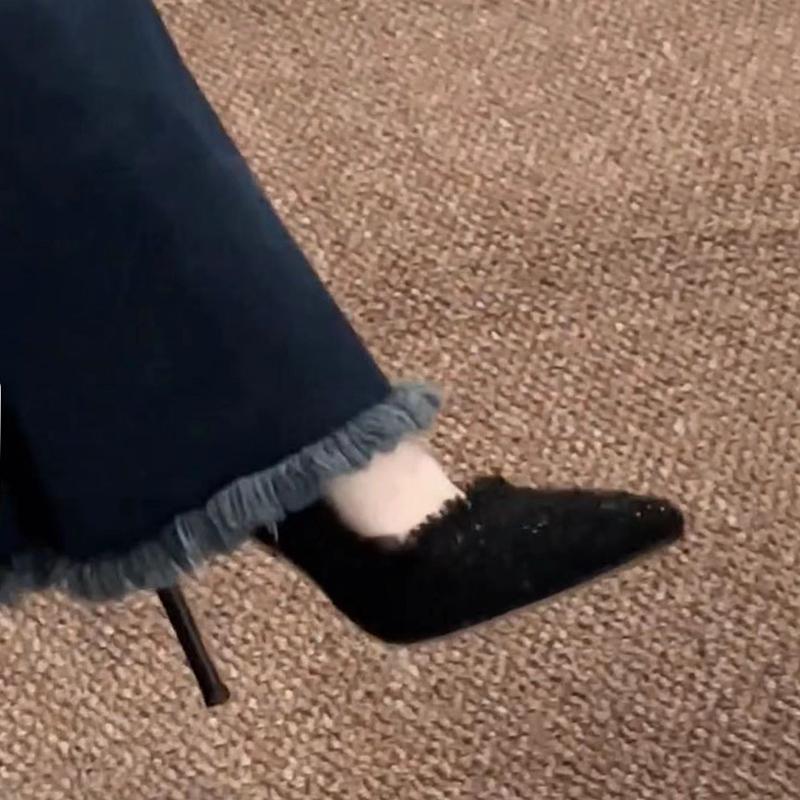 Pointed Toe Woven Women's Shoes with Thin Heels and Elegant Style V Women's Black High Heels BJAT