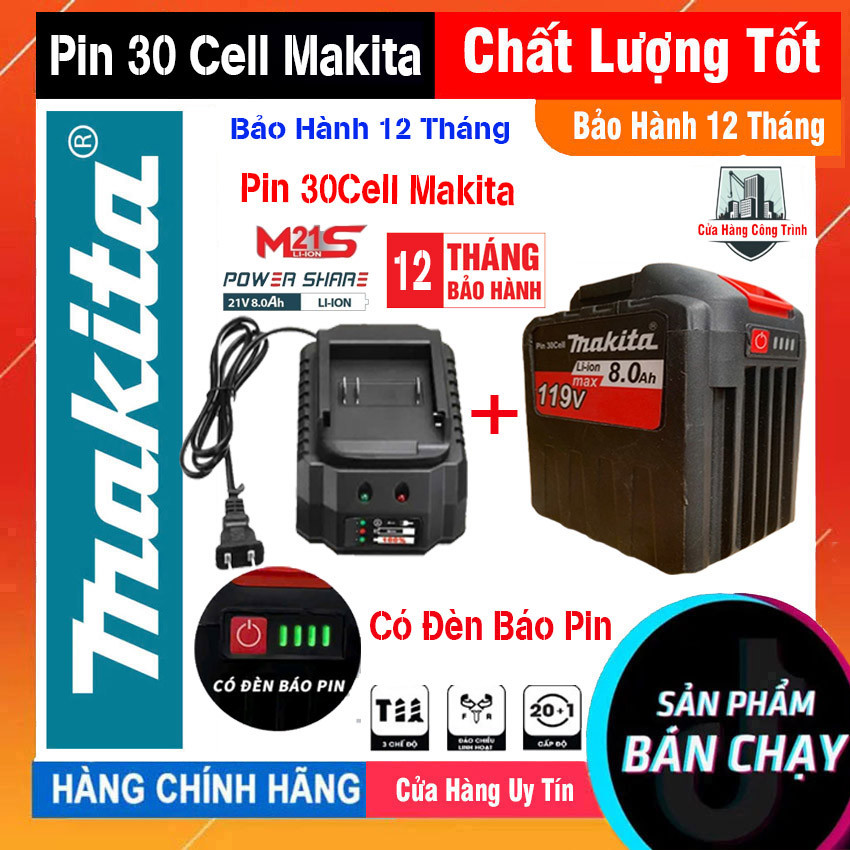 Pin 30 Cell Makita 8 fet 15Ah Chống ngắt tải, Chân Pin Phổ Thông Makita 4cm, Lõi Xám, Có Đèn Báo Pin