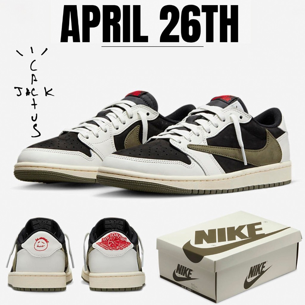 Giày Thể Thao Travis Scott X JD1 Low "Olive" Màu Kem Logo Xanh Rêu Cổ Thấp