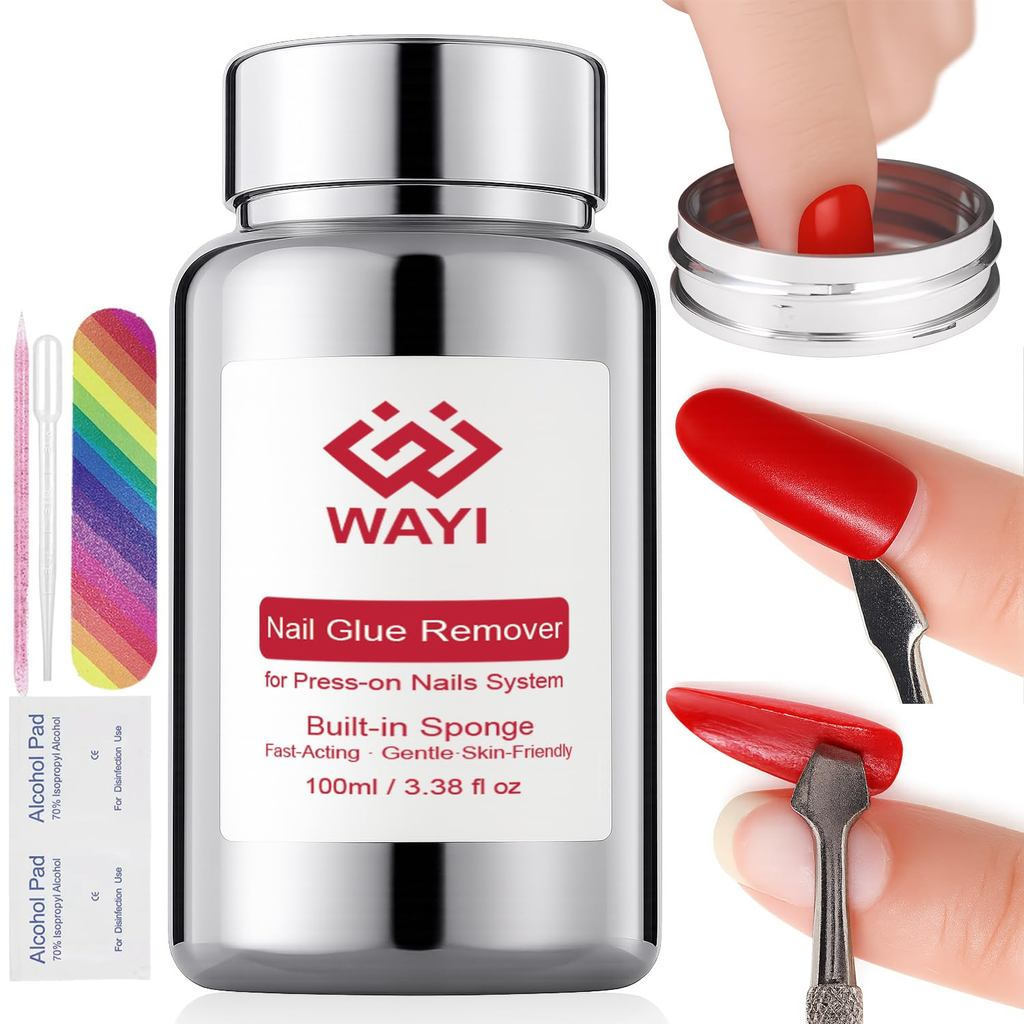 WAYISolidNailGlueRemoverforPress-OnNails – 100mlÁo hoạt động nhanhNailGlueRemoverwithBuilt-inSponge,