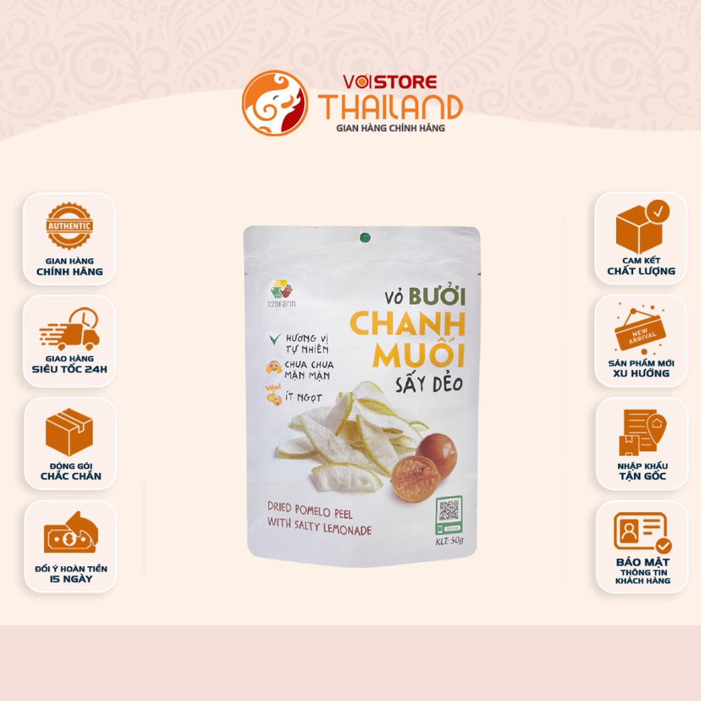 [COMBO 3 GÓI] Vỏ Bưởi Chanh Muối Sấy Dẻo 123Farm - GÓI 50g