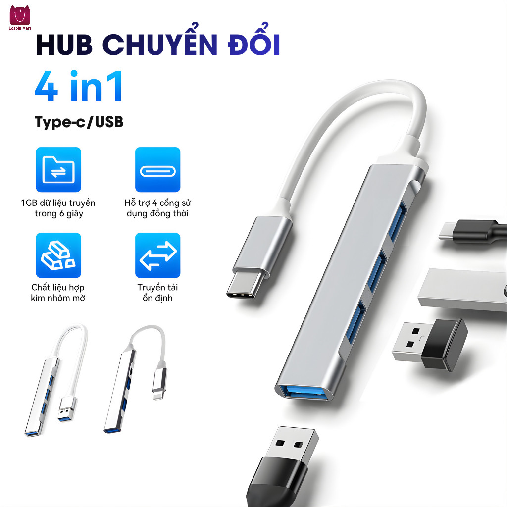 Bộ chia mở rộng USB, bộ chuyển đổi đa cổng 1 sang 4 cho đế cắm mở rộng giao diện Type-C của máy tính xách tay