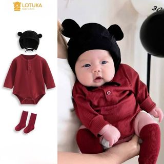 Body Đỏ Tết 2026 Kèm Mũ Chất Tăm Nhung Ấm Áp LOTUKA Bé Trai Bé Gái, Bộ Liền Thân, Quần Áo Trẻ Em Thu Đông Size 3-12kg