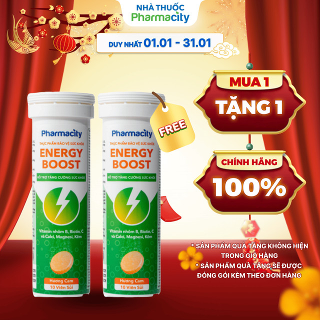 Viên sủi Pharmacity Energy Boost hương cam hỗ trợ tăng cường sức khỏe (Tuýp 10 viên)