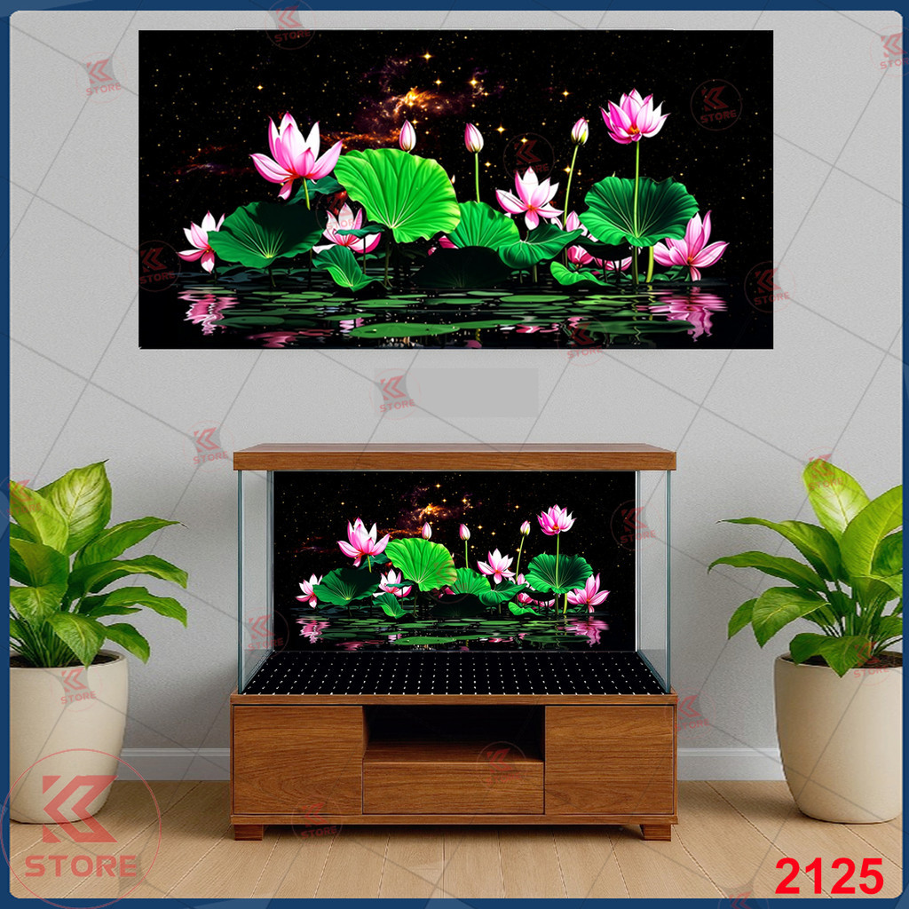 Tranh 3d dán bể cá- tranh3d hồ cá- tranh hồ cá 2125- hoa sen nền đen
