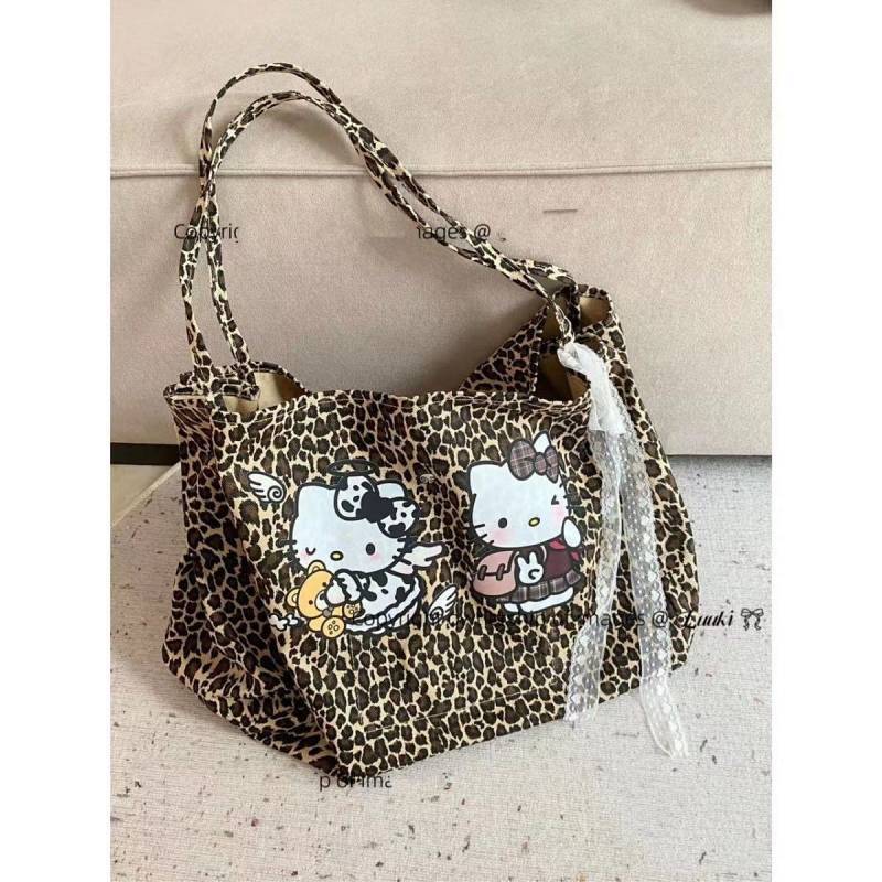 Hellokitty American Retro Shoulder Bag Large Capacity Leopard Print Tote Bag All-Matching Ins Style 