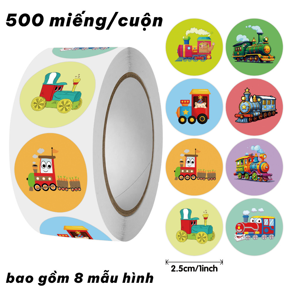 Cartoon train stickers for children, 500 pieces/roll, 2.5cm round – Reward stickers, children's stic
