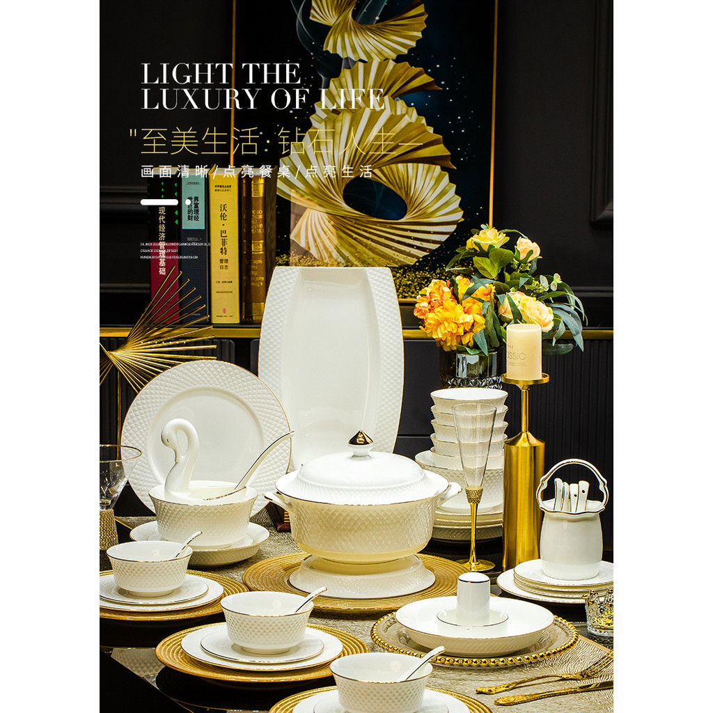 Bộ đồ ăn gốm sứ Jingdezhen, bát và đĩa gia đình, bát và đĩa sứ xương, bộ bát và đĩa viền vàng vẽ tay