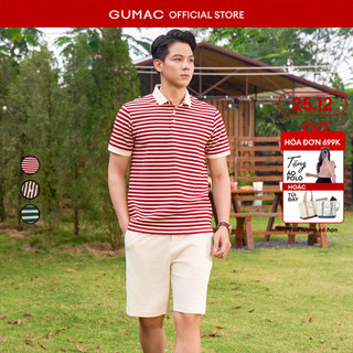  Áo thun polo nam GUMAC sọc dày form suông màu đỏ - nâu - xanh phối cổ màu be  PLNF01012 