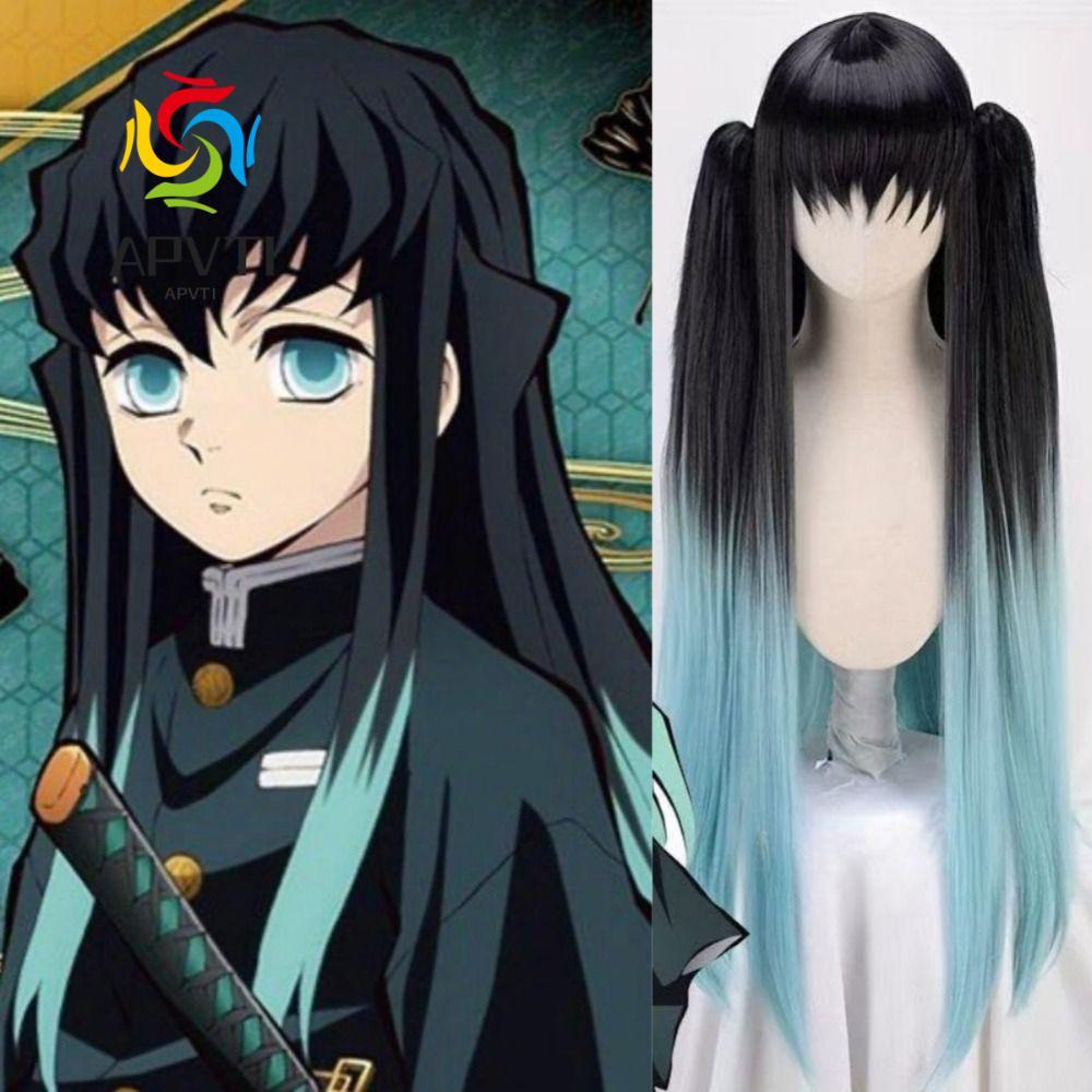 Tóc giả cosplay Muichirou Tokito chống nhiệt, màu đen và xanhgradient cho Demon Slayer