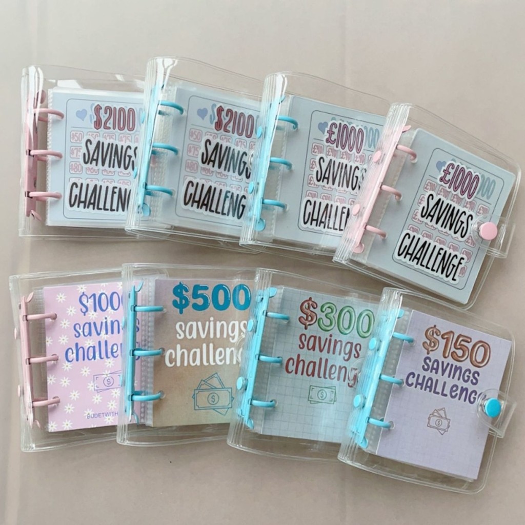 Chất kết dính thử thách tiết kiệm tiền Mini 3 lỗ PVC trong suốt với chất kết dính tiết kiệm phong bì