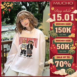  Áo thun boxy tay dài Miucho vải cotton co giãn 2 chiều dày dặn thoáng mát BST gấu teddy in mix 