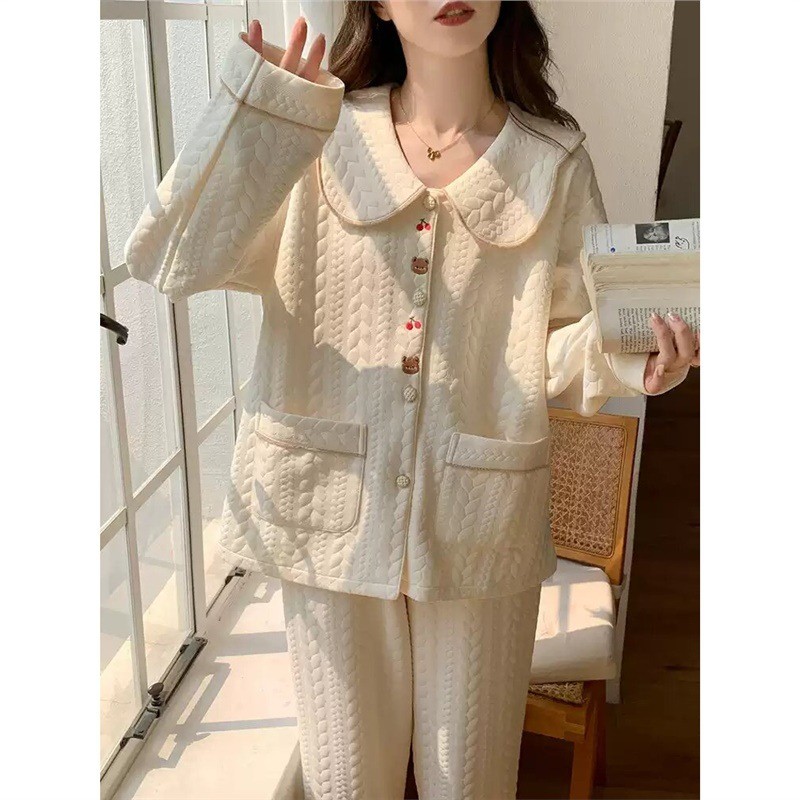 FDS thêu hoa anh đào Gấu bông không khí mùa đông mẫu mới đồ ngủ nữ hoạt hình ngọt ngào đồ mặc nhà Bộ