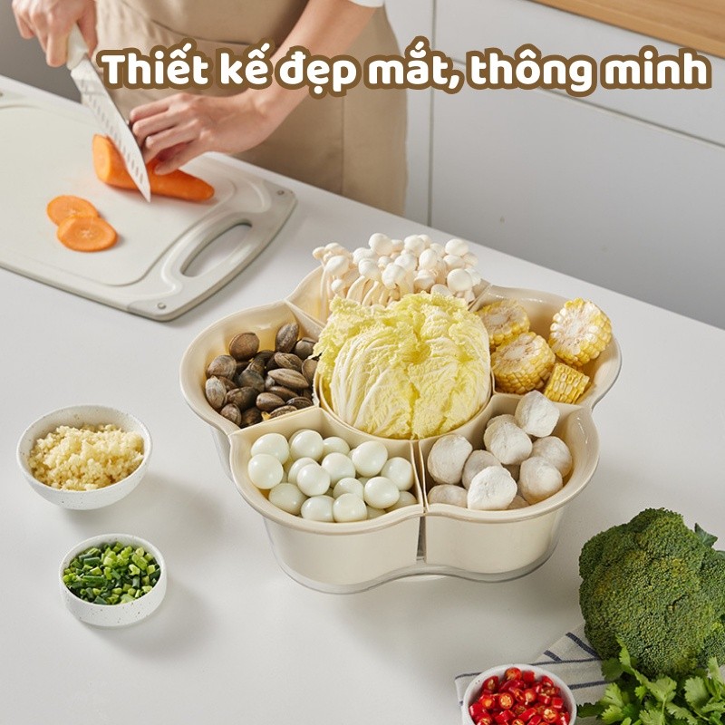 Rổ Đựng Rau Lẩu, Khay Bánh Mứt Kẹo Tết, Khay Đựng Đồ Ăn Lẩu, Ngăn Đế Xoay 360 Độ Hình Hoa Đẹp Mắt, S