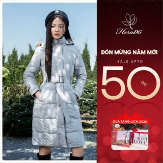  Áo khoác phao nữ dáng dài HeraDG 3 lớp đại hàn thắt đai eo chống nước cản gió chống bụi lông mũ tháo rời WJKBE2054 