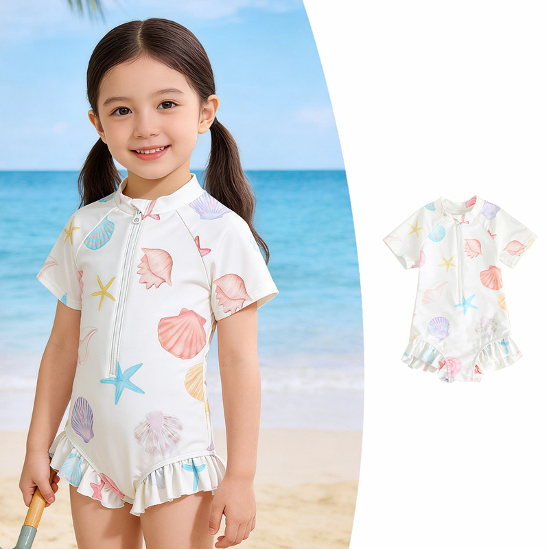 [1-8 Tuổi] Bộ áo liền quần ngắn tay cho bé gái Bộ đồ bơi một mảnh có ren nơ cho bé gái đi biển Bộ đồ