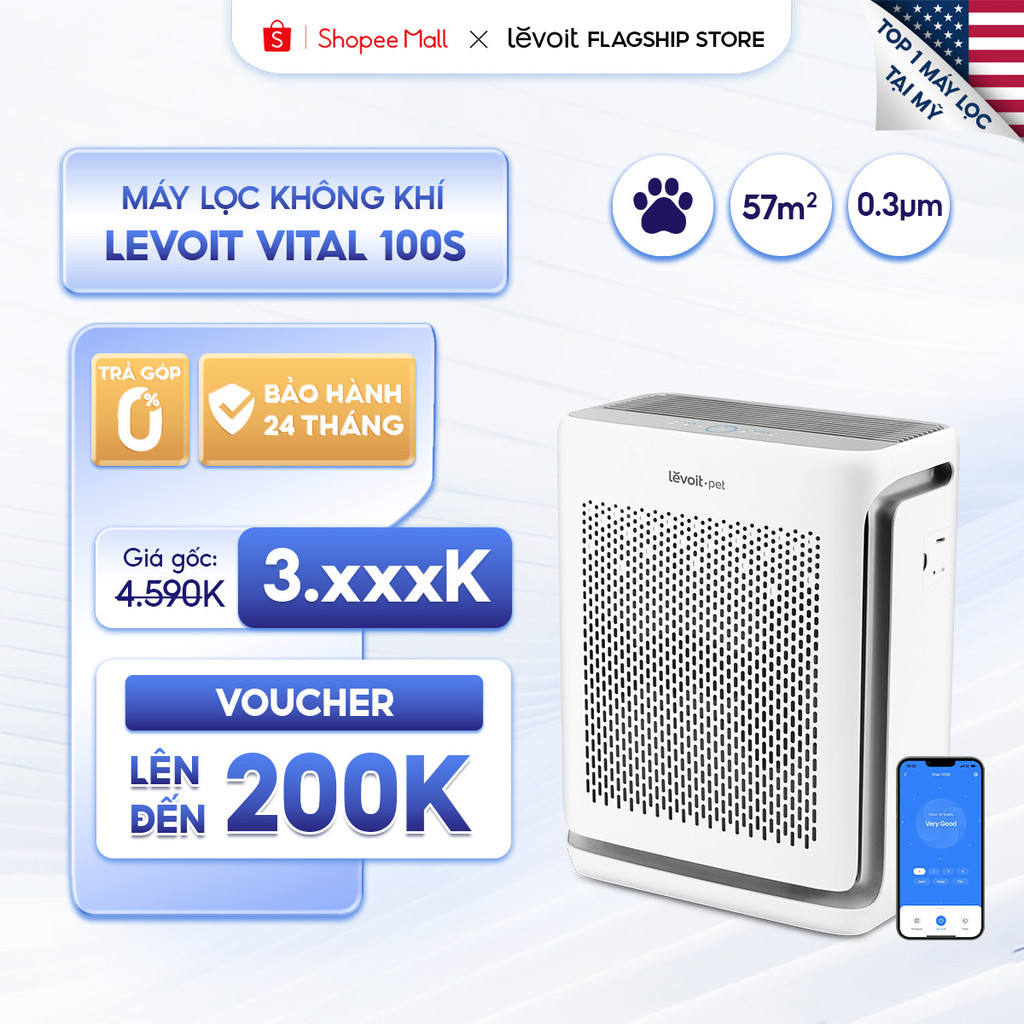 Máy Lọc Không Khí Cho Thú Cưng Levoit Vital 100S 57m2 | Lọc bụi mịn - Khử mùi, hút lông - Đèn cảm biến chất lượng