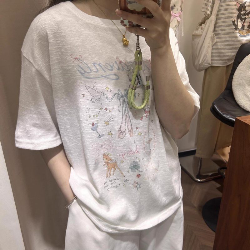 Áo Thun Nữ Erume Vải Lanh Cotton, Hình Trắng Ngắn Tay, Dáng Rộng