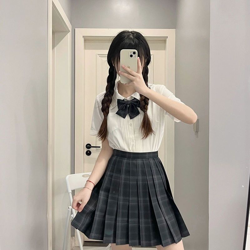 Áo Sơ Mi Jk Màu Trơn Mùa Hè Tay Ngắn Xếp Ly Nhật Bản Ngọt Ngào Preppy Phong Cách jk Đồng Phục Chính 