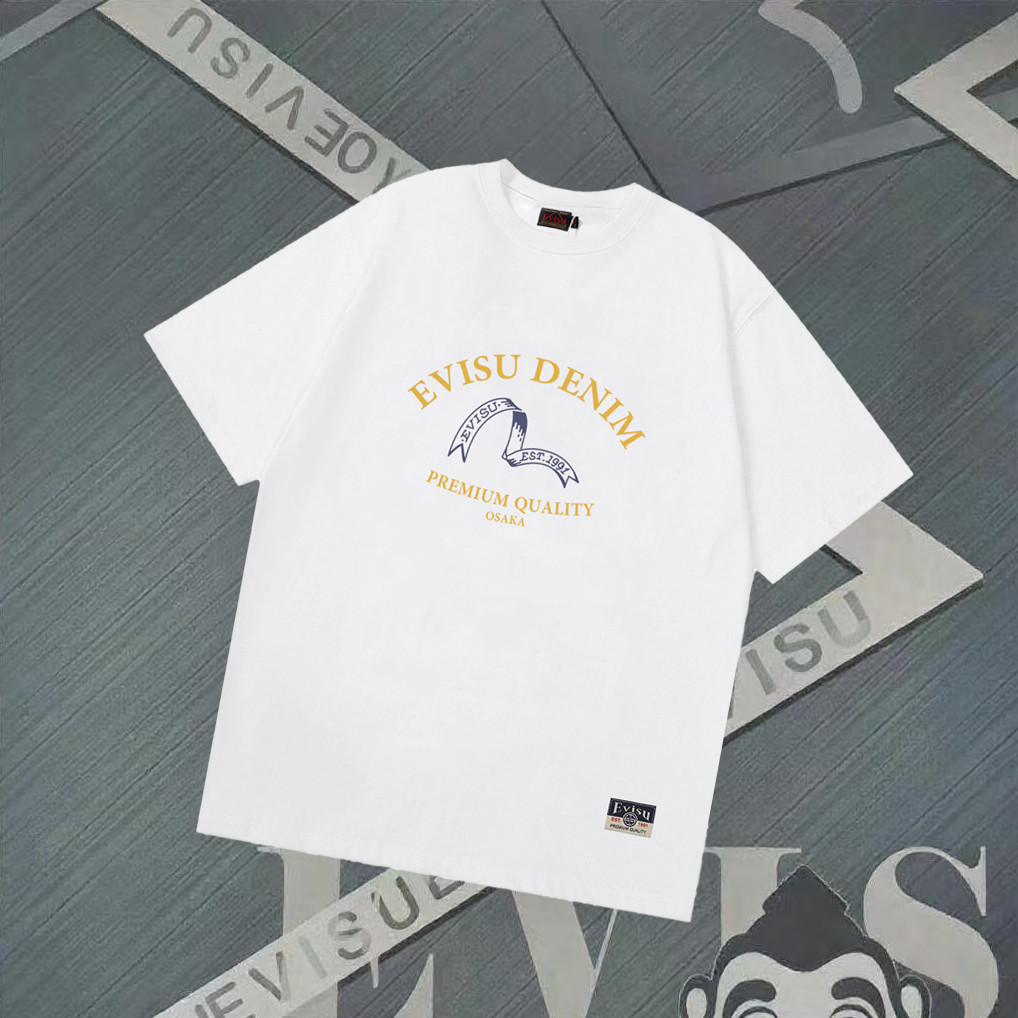 Evisu áo thun ngắn tay cổ tròn slim-fit phong cách cặp đôi nam, thời trang xuân hè