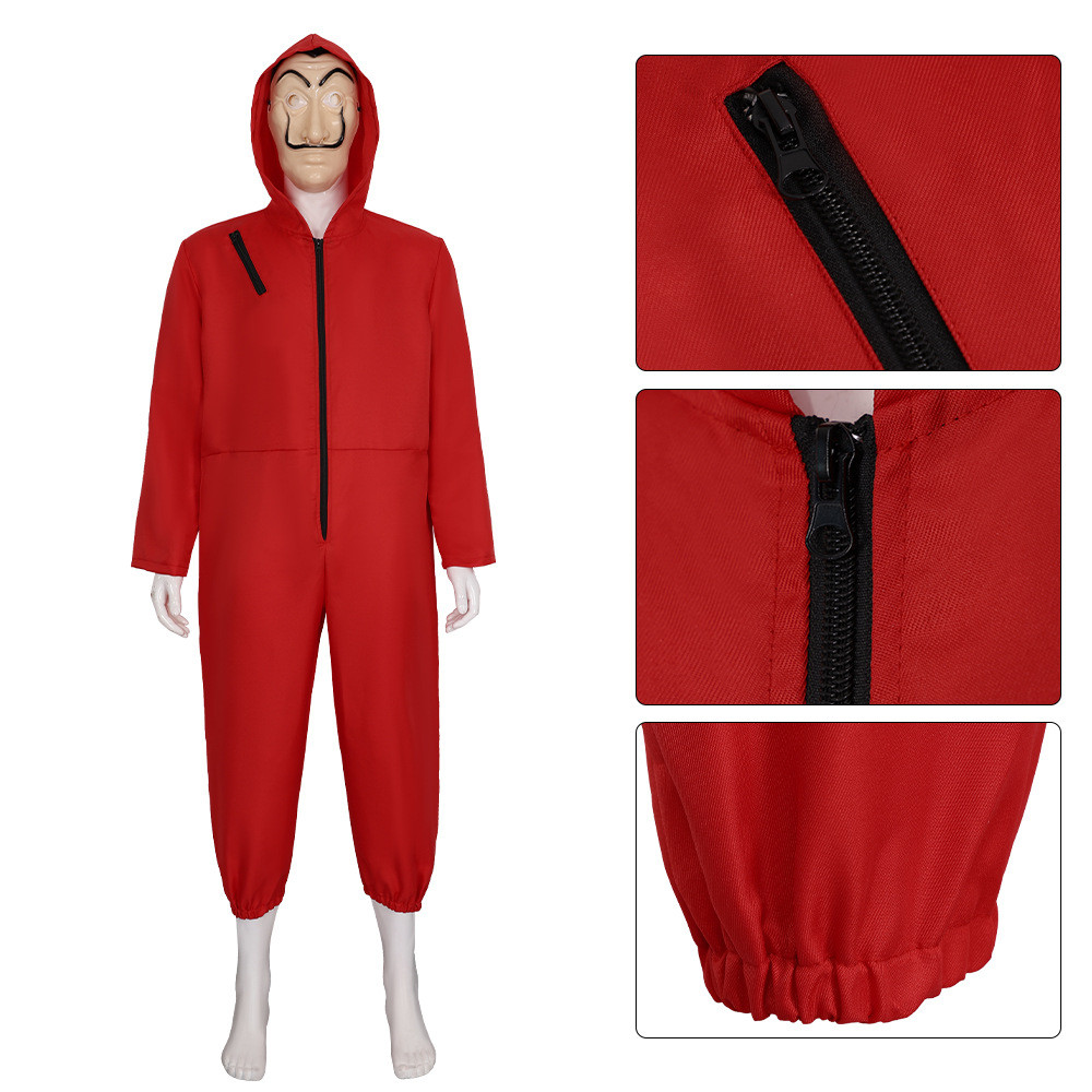 Dài Đỏ Jumpsuit cosplay Money Heist với mặt nạ