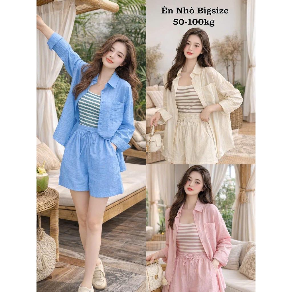 Set Bộ Đồ Đùi và Áo Khoác 3 Món Đi Biển Hot Hit Diện Hè Có Bigsize Lụa Đũi Vân Mây Kèm Áo Thun Sọc C