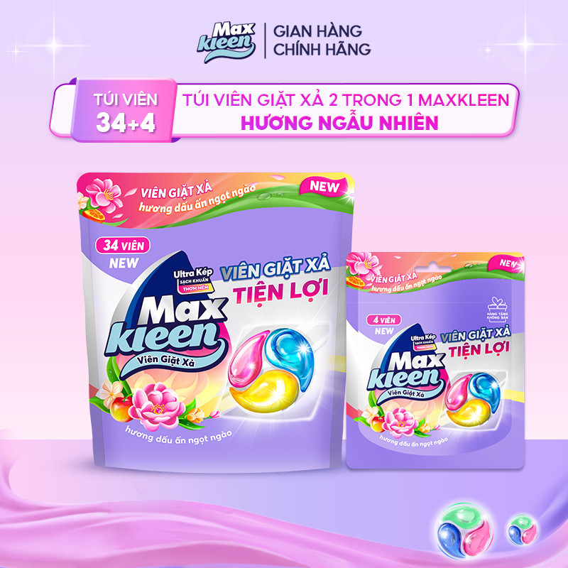 [TẶNG 4 VIÊN] Túi Viên Giặt Xả MaxKleen Hương Ngẫu Nhiên (Túi 34+4 Viên)