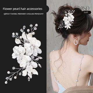 Kẹp tóc cô dâu ngọc trai và pha lê hình cánh hoa trắng, phù hợp cho đám cưới