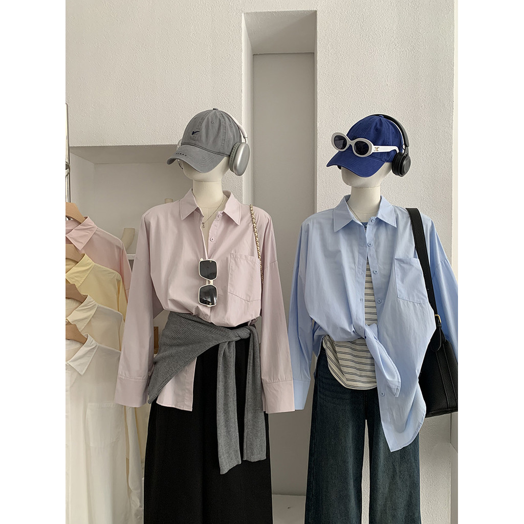 Áo sơ mi phong cách Hàn Quốc, tay dài, màu trơn với túi và cổ đứng - Linda Ya 5991