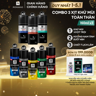  Combo 3 Xịt khử mùi  cho nam Romano toàn thân ngăn mồ hôi và mùi cơ thể 150ml chai 