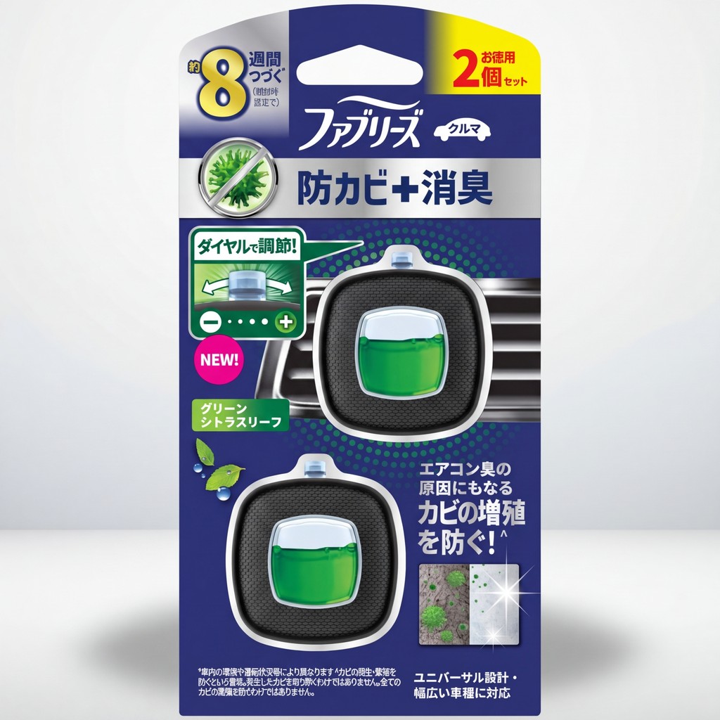 Febreze Car Air Freshener Easy Clip, Anti-Mold + Deodorizer, Green Citrus Leaf, 2.5mL x 2 units