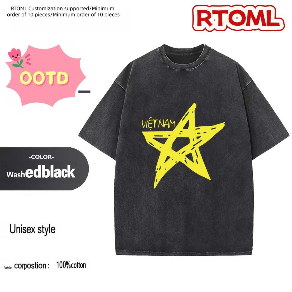 COD✅ RTOML Vietnam Pride Vintage Washed T-shirt, "Độc Lập Tự Do Hạnh Phúc" Print, Unisex Streetwear 