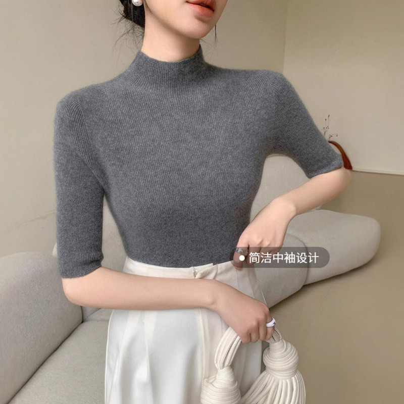 Nửa Cổ Rùa Giữa Tay Dệt Kim Đầu Thu Phong Cách Mới Áo Len Nữ Nửa Tay Andy Lông Cừu Bott