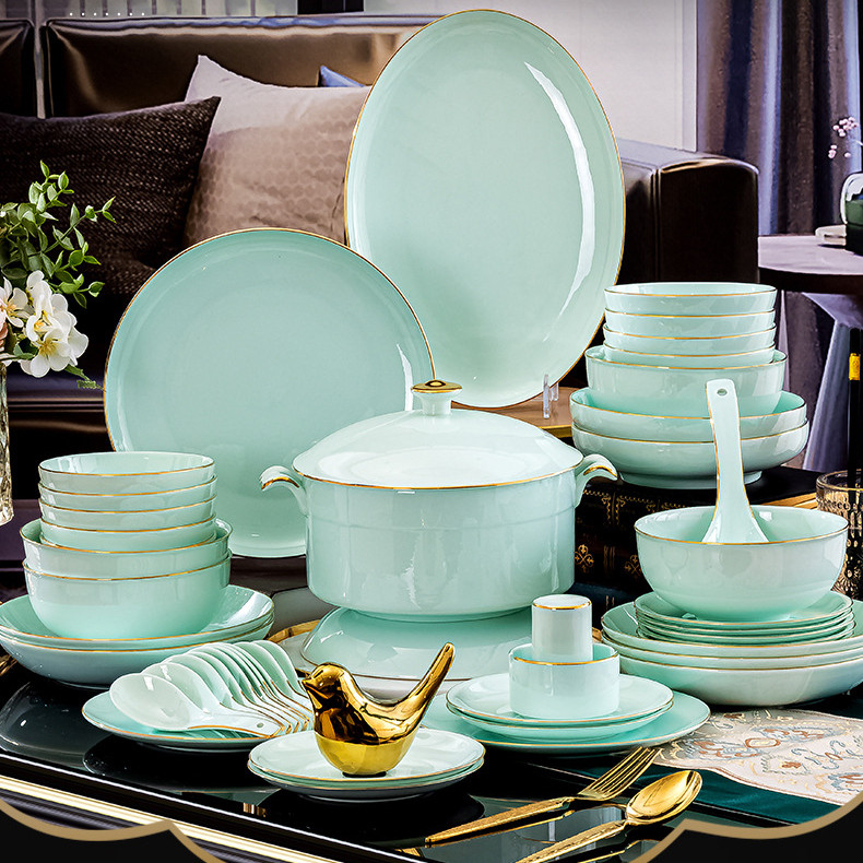 Bộ đồ ăn gốm sứ Jingdezhen, bộ bát sứ xương vẽ tay, bộ bát vàng viền, bát celadon, đĩa, món quà, bát
