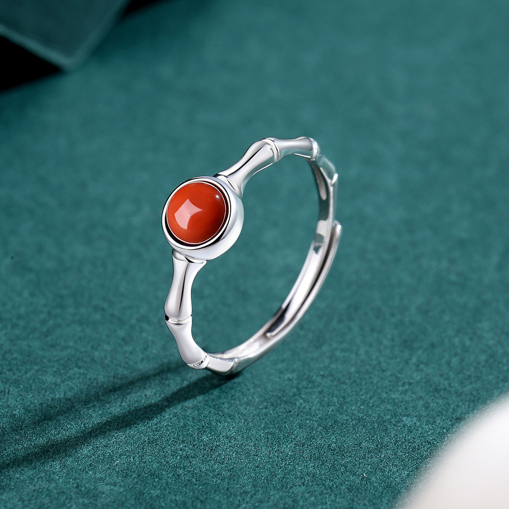 Nhẫn bạc mã não đỏ miền Nam thời trang phong cách Trung Quốc