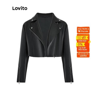  Lovito Áo khoác thông thường Dây kéo trơn bằng da PU Ve áo cổ Moto Áo khoác nữ L45LD008  Đen  