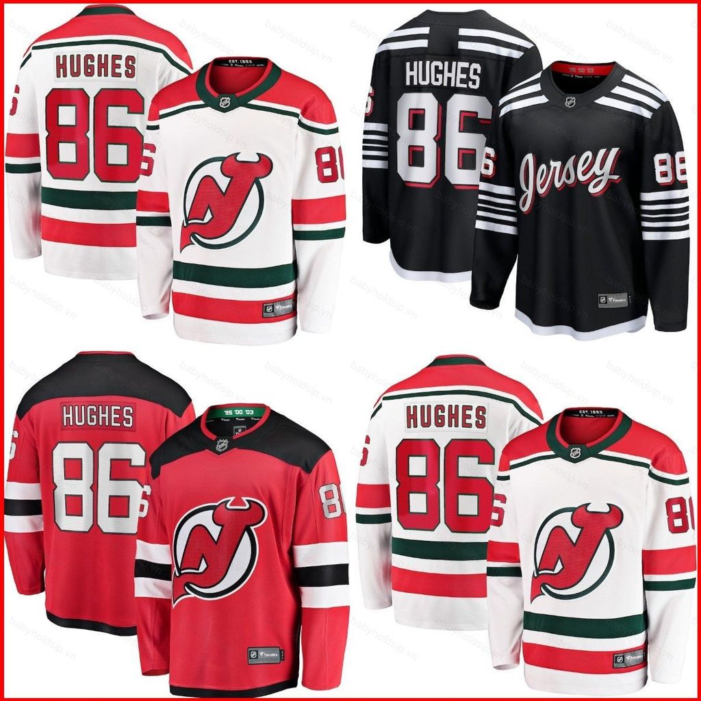 BS1 NHL Jack Hughes Jersey Nhà, Áo Thun Dài Tay New Jersey Devils, Size Lớn Cho Người Hâm Mộ