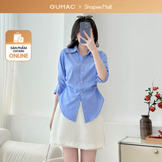  Áo sơ mi nữ GUMAC tay lửng có nhún chiết ly eo xanh sọc vải kate đứng form  AF01024 